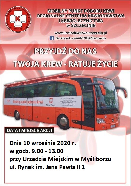 Informacja o mobilnym punkcie poboru krwi - Myśliborski Rynek, 10 września 2020 r. w godz. 9.00 - 13.00