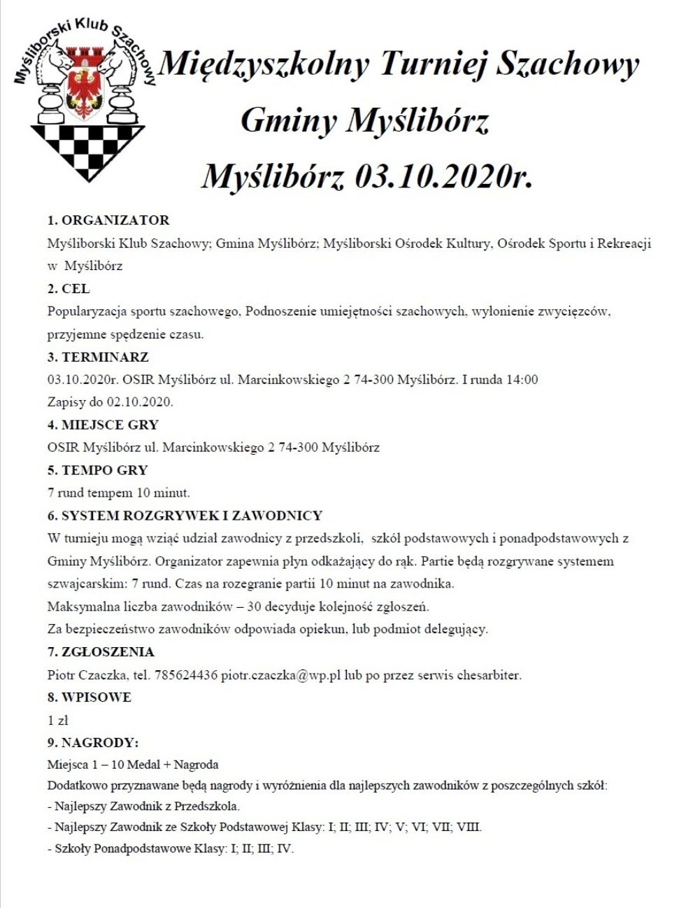 Zaproszenie na Międzyszkolny Turniej Szachowy 3.10.2020 r. - plakat