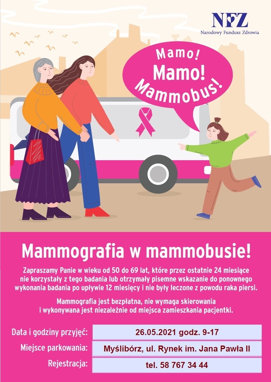 Grafika przedstawia plakat zachęcający do skorzystania z mammografii