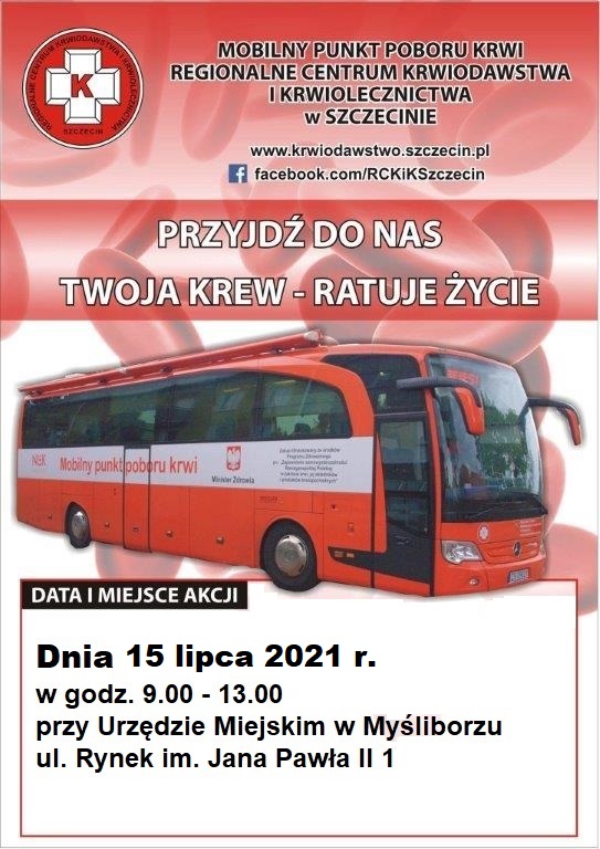 Plakat informujący o poborze krwi 15 lipca 2021 r.