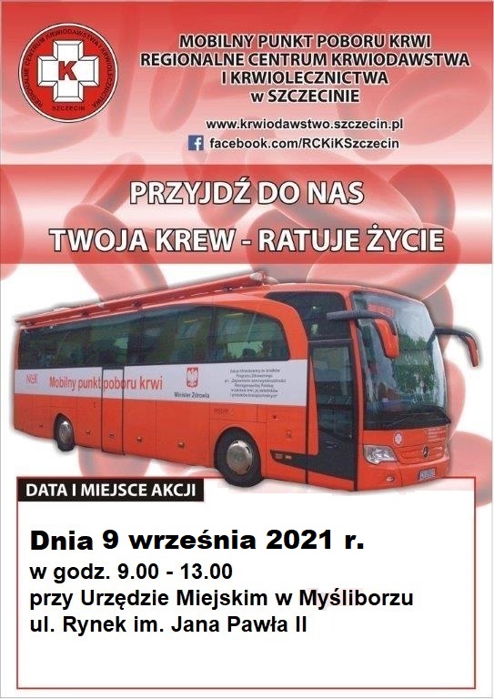 Grafika przedstawia plakat informujący o akcji poboru krwi 9 września 2021 r.