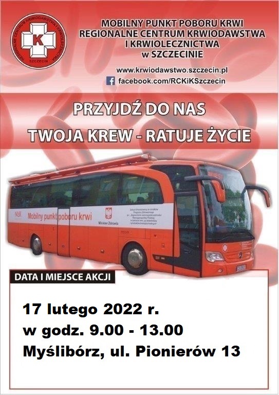 Grafika przedstawia plakat informujący o akcji poboru krwi 17 lutego 2022 r.