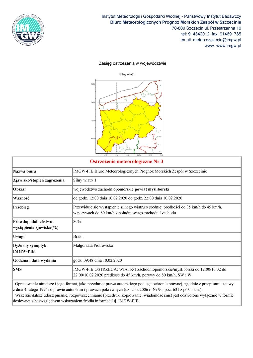 Ostrzeżenie przed wiatrem - 10 lutego 2020 r. od godz. 12.00 do godz. 20.00