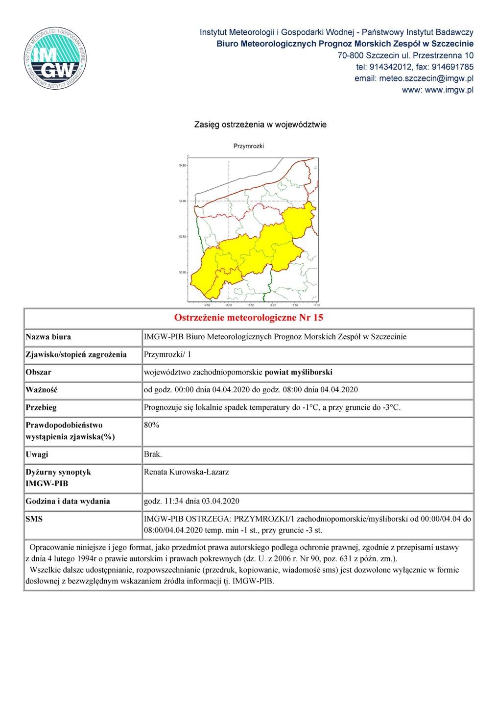 Prognoza - przymrozki w nocy z 3 na 4 kwietnia 2020 r.